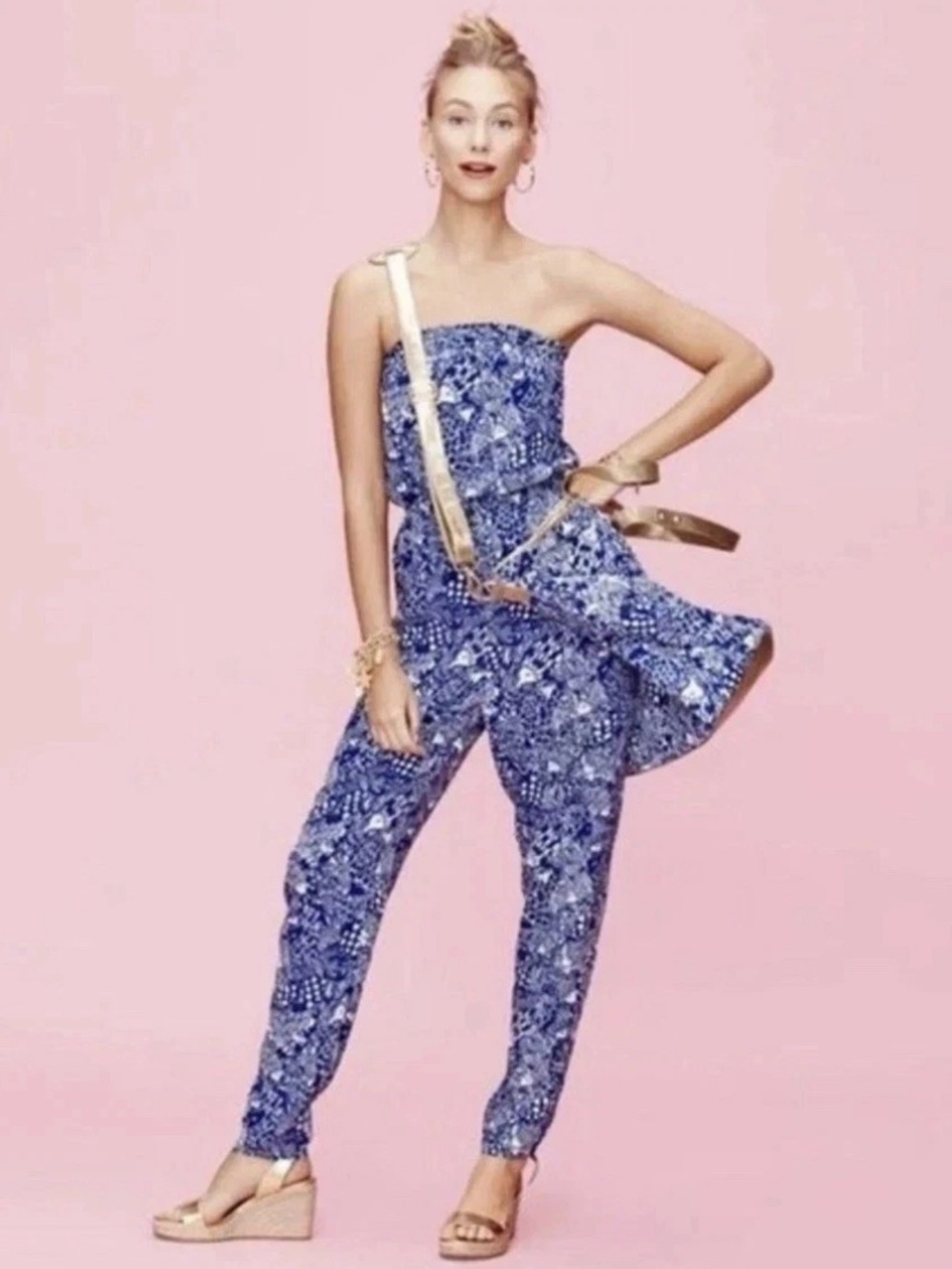 Lilly Pulitzer Blue Strapless Printed Jumpsuit